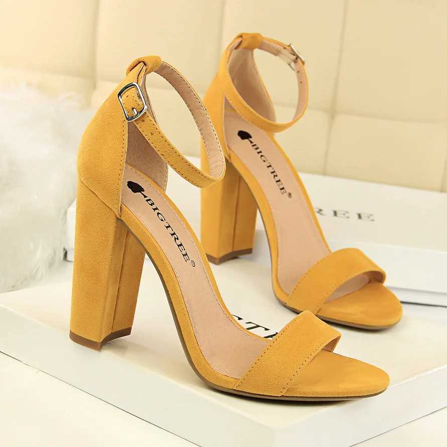 Summer Womens 9.5cm High Heels Sandals Yellow Nude Purple Gladiator Square High Heels Pump Block Platform Bridal Elegance 0509-1XJ250410