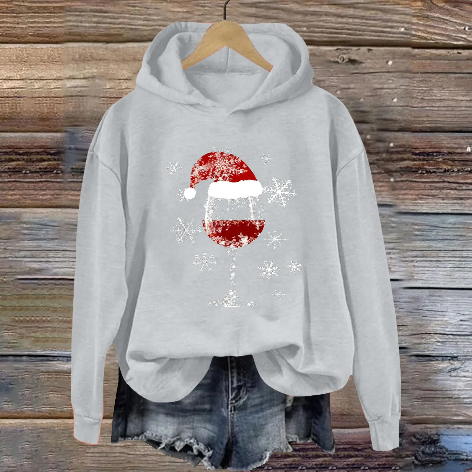Womens Christmas Hoodie Sweatshirt Casual Fashion Red Wine Glass Printed Long Sleeve Hooded Sweatshirts Xmas Look Year Gifts 251105