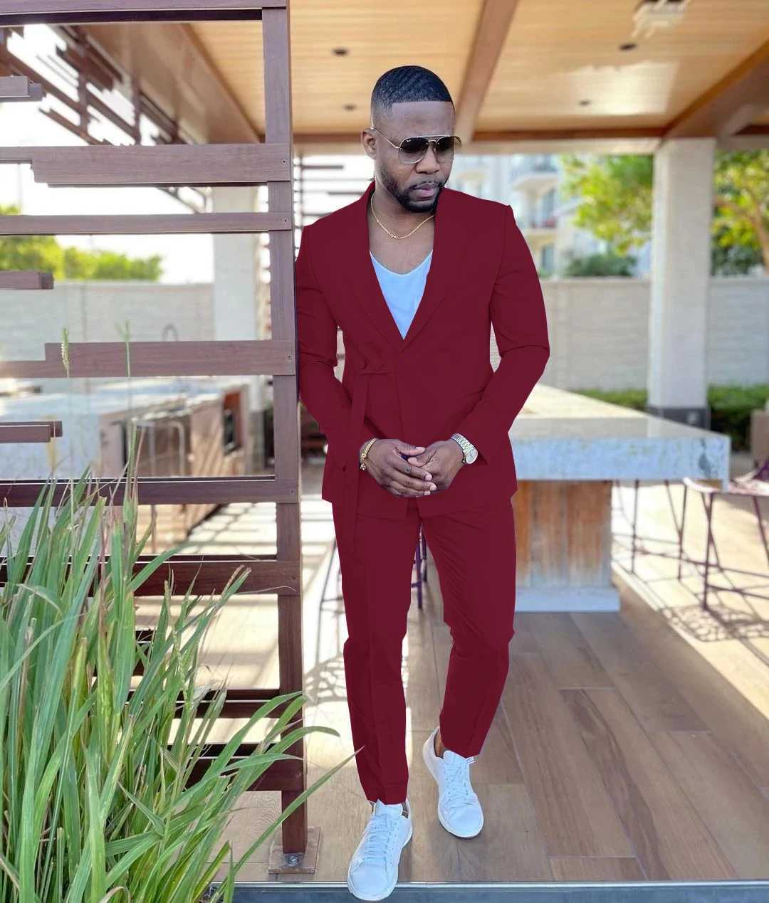 Casual peach mens double chest slim fit mens custom 2-piece jacket pants elegant full set mens clothing W250410