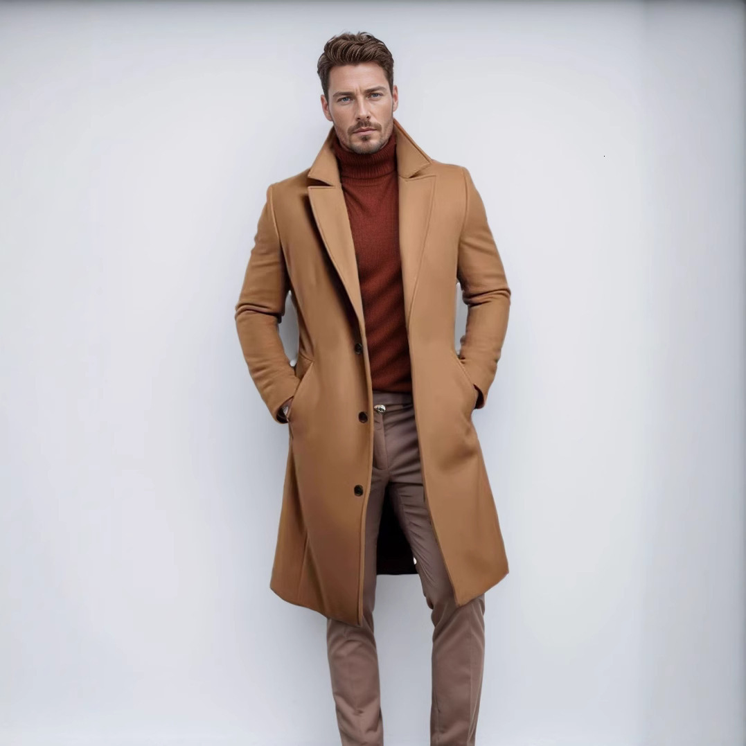 Fashion 2025 New British Style Single-Breasted Thickened Wool Coat for Men, Mid-Length Solid Color Autumn Winter Woolen Suit Collar Coat, Warm Youth C