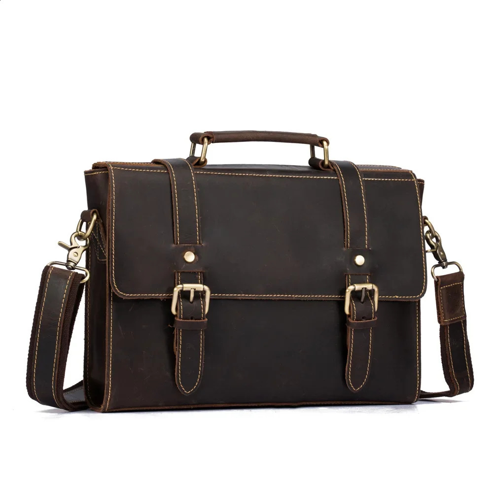 Retro Leather Mens Crazy Horse Leather Handbag Cross Denim Single Shoulder Cross Business briefcase 250410
