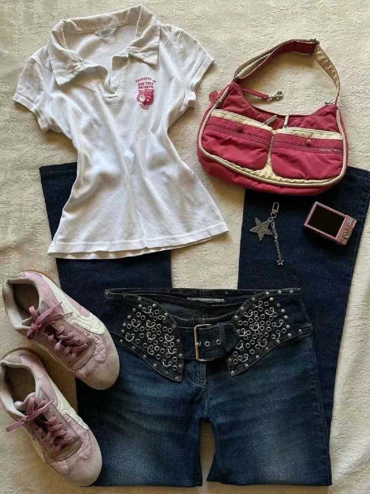 Deeptown Y2k White Vintage Womens T-Shirts Harajuku Short Sleeve Harajuku Printed American Style Tees Polo Collar Slim Gyaru 250410