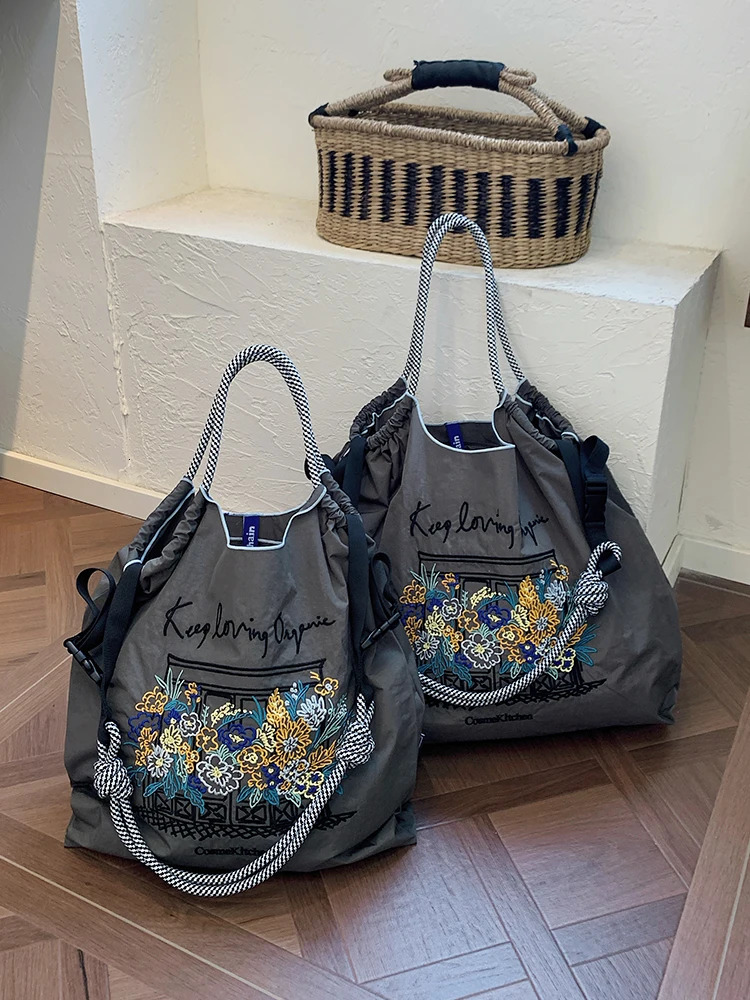 Womens shopping bag nylon cloth ethnic style embroidered window cut pattern Bohemian large capacity Tote ba 251110