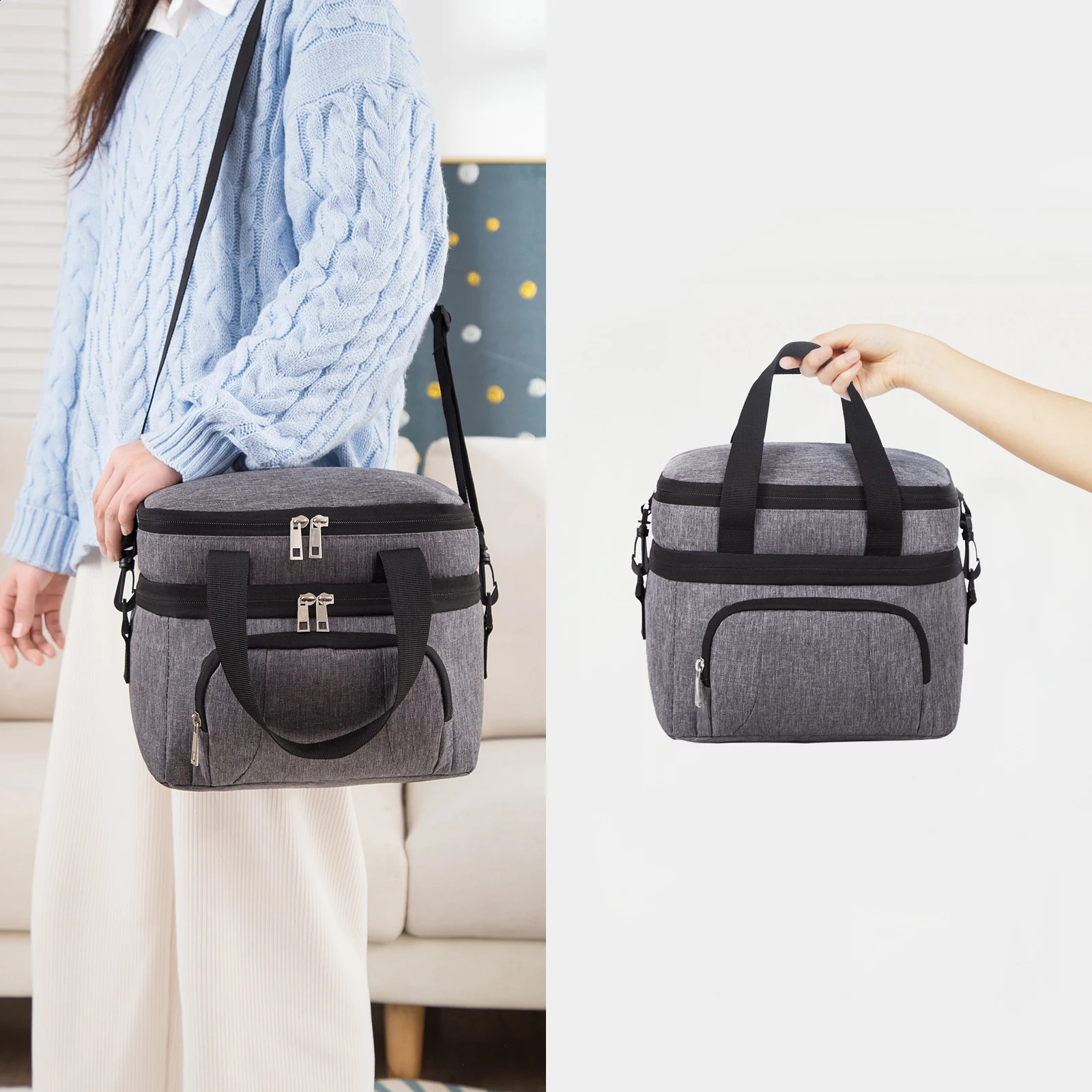 Double layer insulated lunch bag portable lunch box waterproof picnic insulated bag with adjustable belt 250410