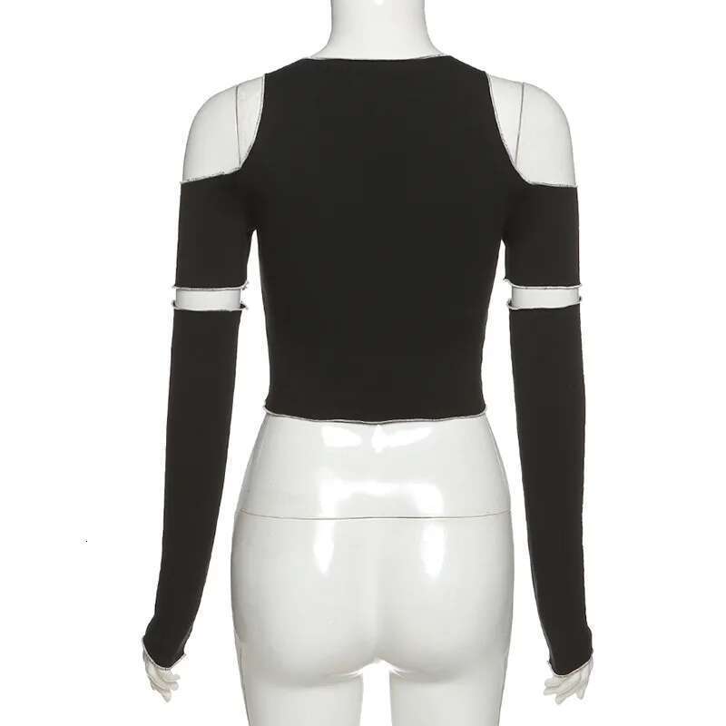Patchwork Black T-Shirts Gothic One Shoulder Sleeve Y2k Crop Tops Ruffles Hem Hip Hop Techwear Women Tees