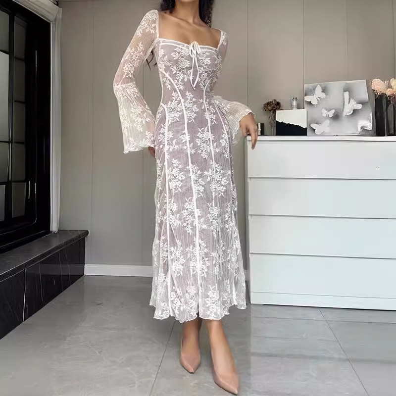 Elegant socialite lace V-neck hollow French for women 2025 new spring and summer waist cinching slimming dress