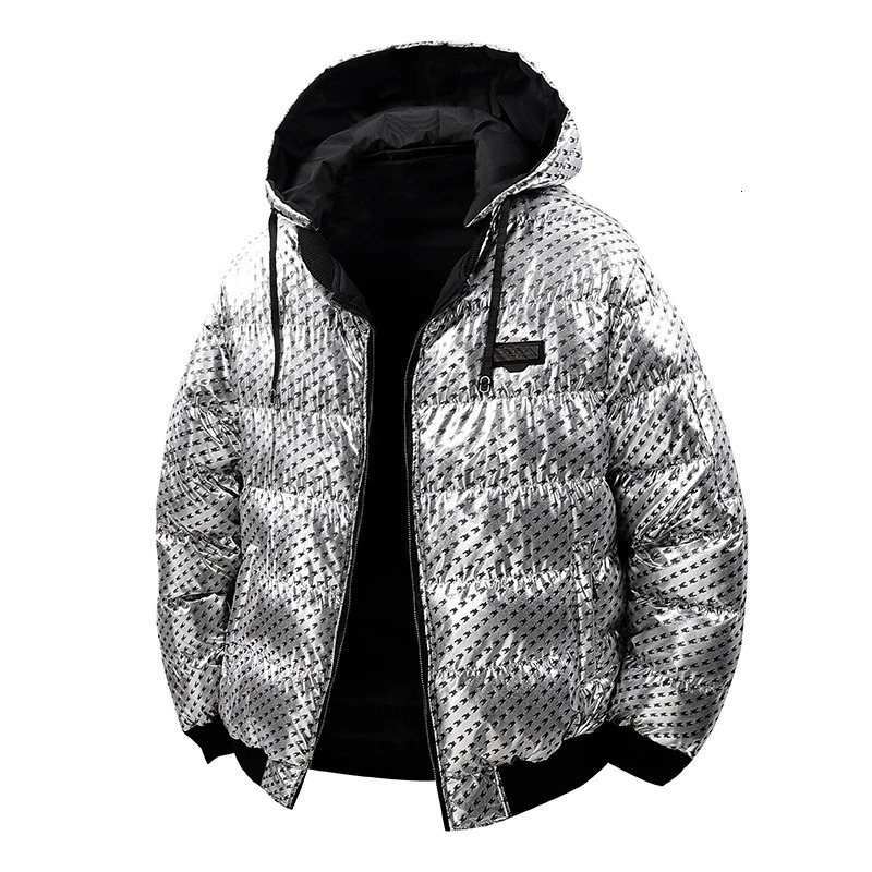 Streetwear Bright Silver Puffer Jackets for Men Thicken Winter Mens Coats Casual Hooded Parkas Cotton Wadded Heated Jacket Men 251106