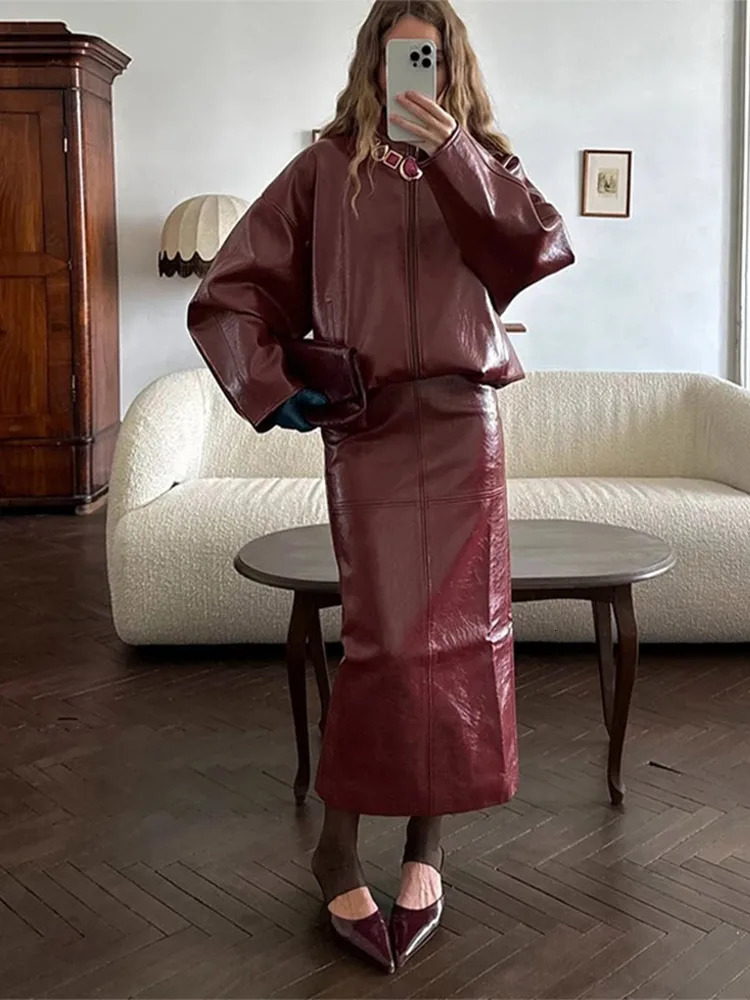 Vintage Street Leather Skirts Coats Suits Women Standneck Zipper Long Sleeves Sets Female 2025 Autumn Fashion Solid Streetwears 251105