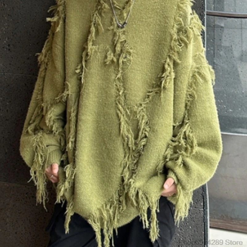 Ripped Tassel Sweater Men Women Streetwear Pullovers Mens Sweater Harajuku Fashion Hip Hop Fringed Knitted Round Neck Sweaters 250409