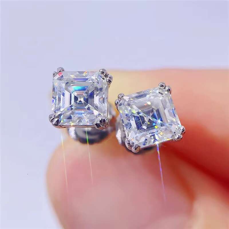 Hip Hop Jewelry Fashion Asscher Cut Big Size Moissanite S925 Mens White Gold Plated Diamond Stud Earrings