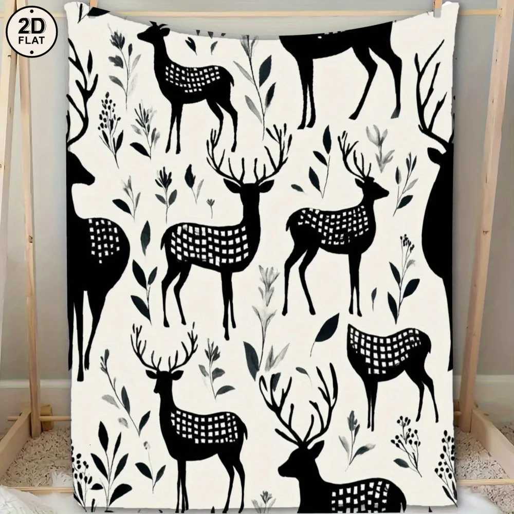 1pc Soft Flannel Blanket - Modern Nordic Deer Floral pattern in Black/White/ All-Season Luxury Throw for Living Room Bedroom C251111
