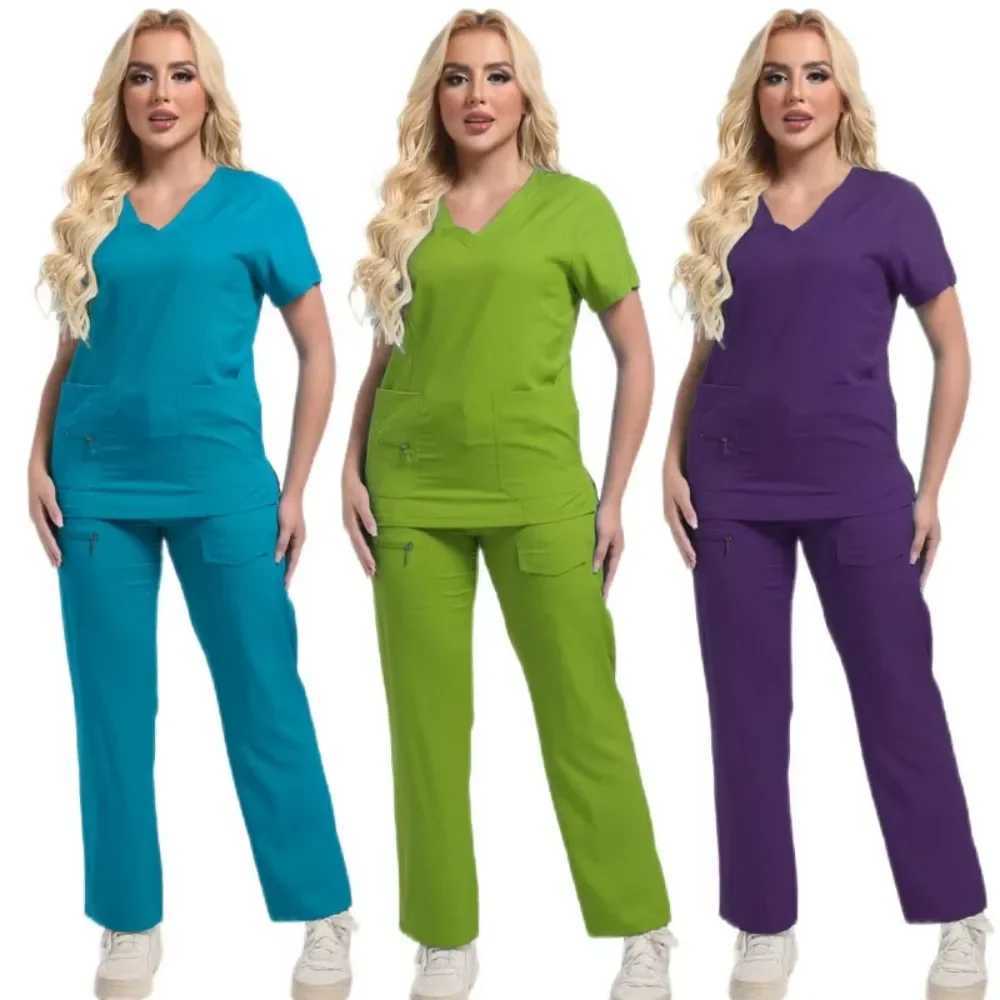 Scrubs Medical Uniforms Women Hot Selling Solid Color Nurse Doctor Uniform Unisex Veterinary Surgical Gowns Dental Scrub Set Men X250410