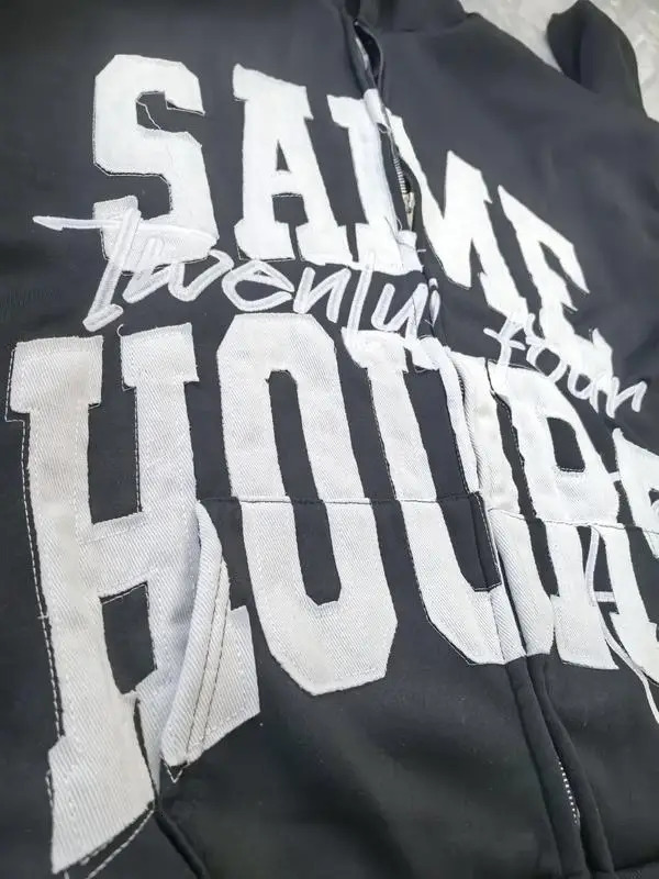 Y2K Lettering Embroidered Hoodie Same Hours Zip-up Jacket Streetwear Fashion Sweatshirt 251110