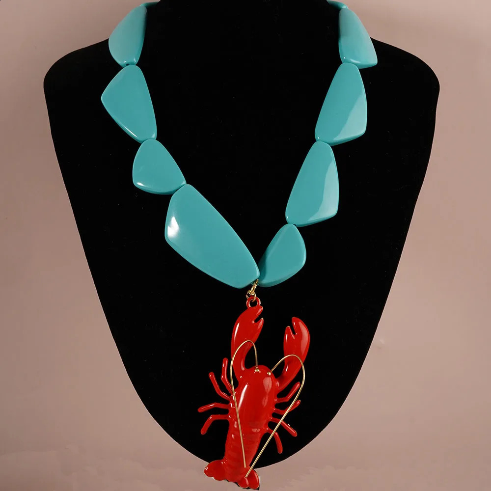 Vintage red white blue geometric resin lobster pendant necklace suitable for women bohemian statement Indian jewelry 250409