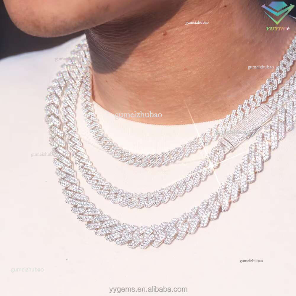 Gold Plated 100% Pass Tester 2rows VVS Moissanite 8mm-15mm Wide Sier Cuban k Chain for Hip Hop Rapper Jewelry