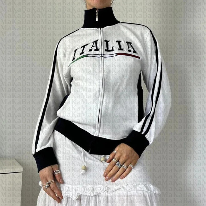 Italian retro womens plus size letter ed zipper jacket sportswear Y2K hooded sweatshirt autumn and winter 250314