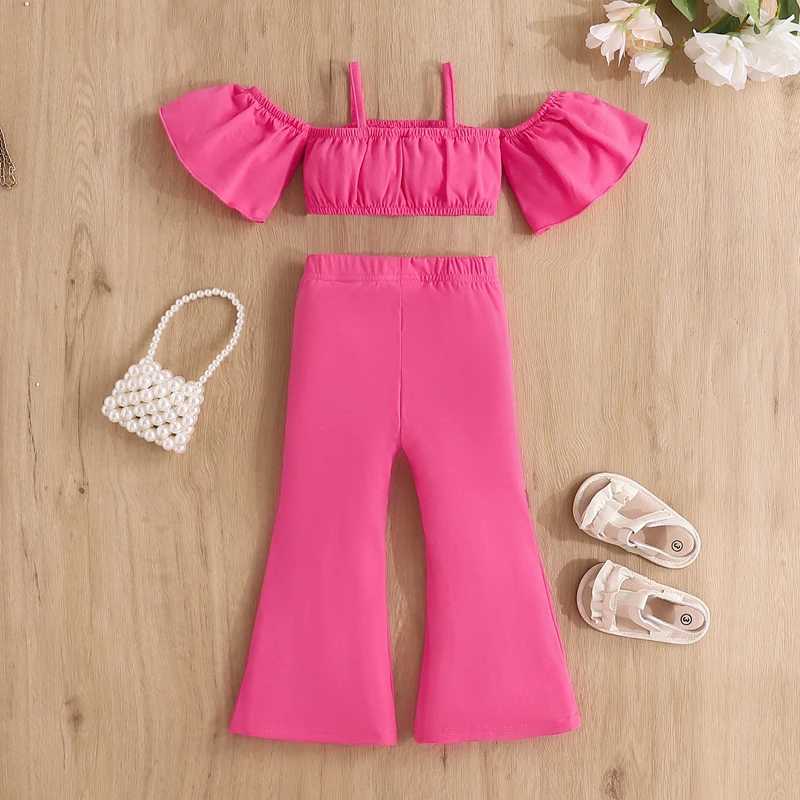 FOCUSNORM 2-piece fashionable little girl summer clothing set 1-6Y shoulder short sleeved T-shirt top+denim flash pantsXJ250410