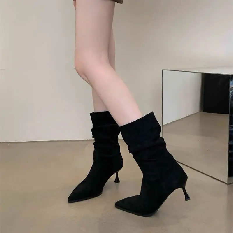 Women Suede Pointed Toe Mid Heels Women Chelsea Boots Mid-calf Retro Shoes Winter Shoes er Goth Chaussures Mujer 251110