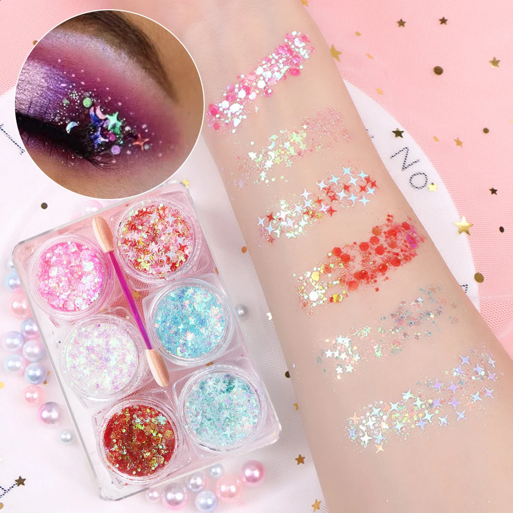 6 jarsset Eyeshadow Glitter Gel Cream Face Hair Body Nail Glitter Gel Heart Star Moon Loose Sequins Festival Makeup Decorations 250410