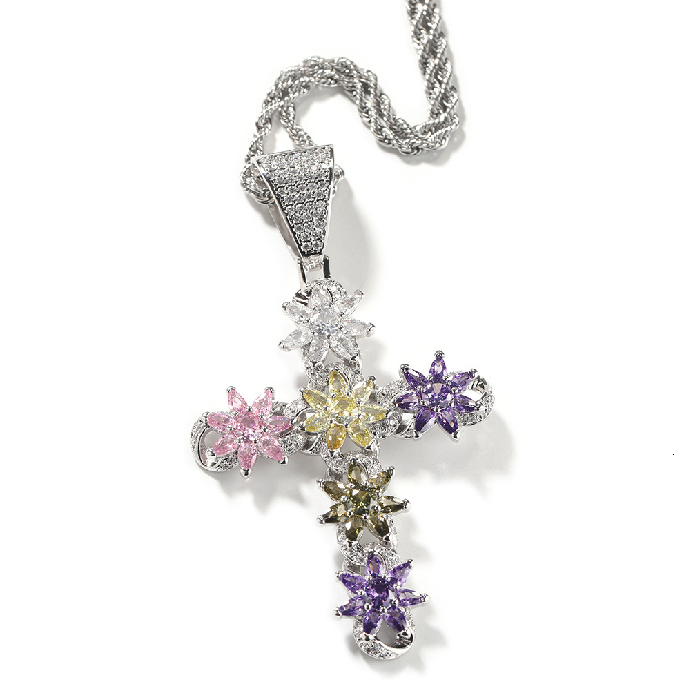 Ins style new colorful ice flower cross pendant fashionable and creative 925 silver VVS Moissanite chain pendant hip-hop sweater chain