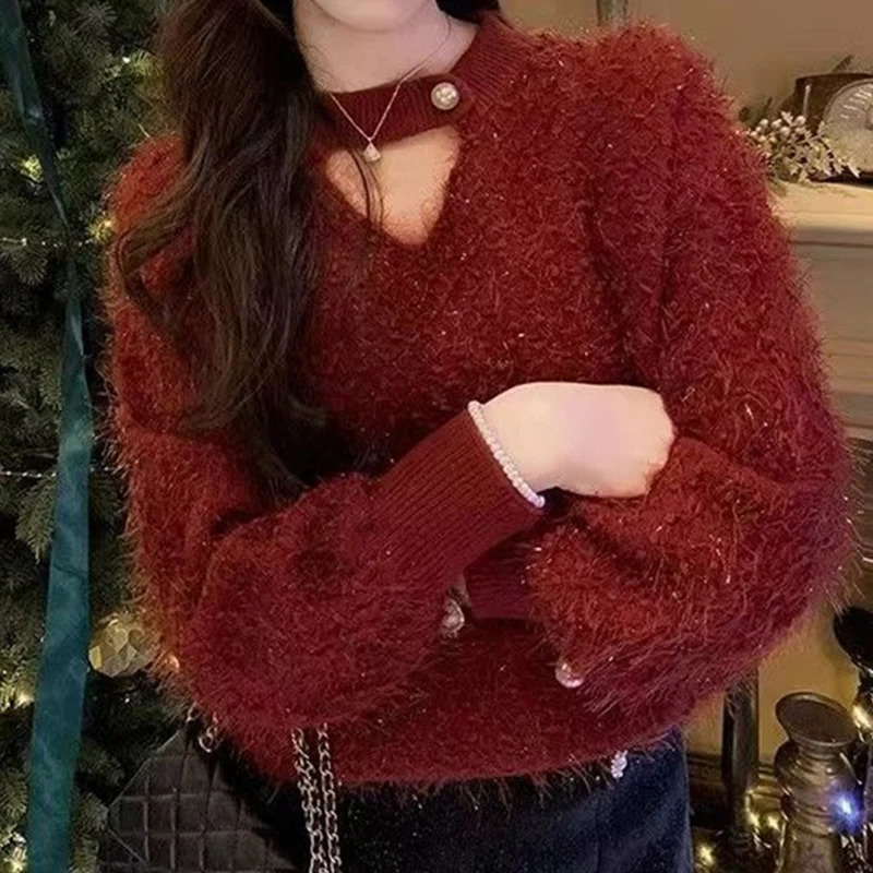 Christmas Style Hollow Fluffy Sweaters Women Hairy Long Sleeve Knitwear Woman Loose Knitting Sweater Female 251106
