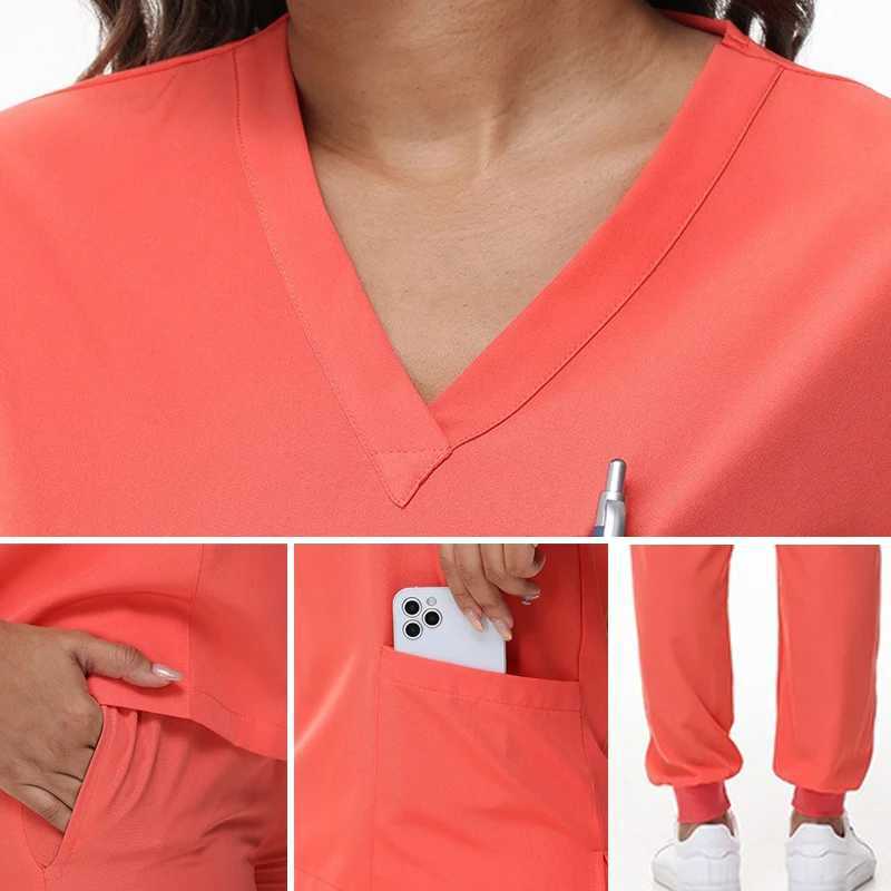 2025 New Nurse Uniform V-neck Top Running Pants Matte Set Surgical Work Clothes Dental Care Set Hospital Doctor Set S21 X2504101
