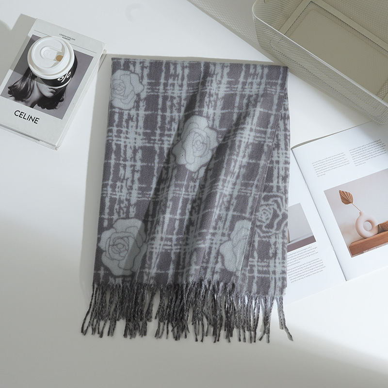 Cross-Border New Imitation Cashmere Scarf Camellia Print Versatile Neck Warmer Thickened Warm Outerwear Tassel Shawl