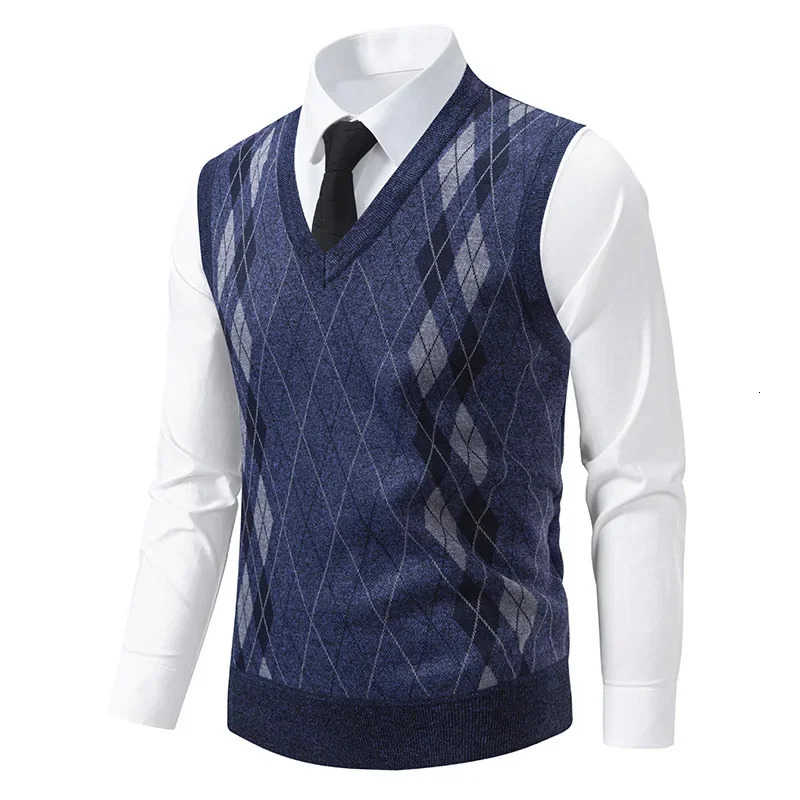 Middleaged Mens Slim Fit Knitted Sweater Vest Autumn Winter Warm Plaid Inner Wear Dad Style Top Quality Chinese 251104