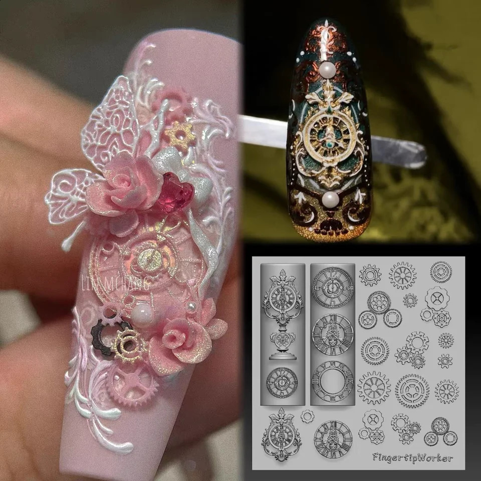 1Pc Silk Lace Rose Baroque Spoon Fork Clock Gear 3D Acrylic Mold Nail Art Decorations DIY Silicone Nail Templates Nail Mold 250410