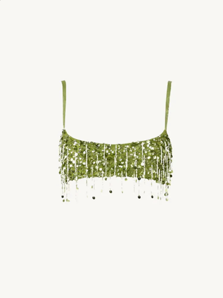 Sexy Sequin Tassels Beach Outfits Women Shiny Fashion Bikinis Bar Tops Sets Female Summer Holiday High Street Sets 2 Pieces 250411