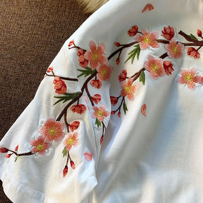 Aesthetic Japan Style Cherry Blossoms Embroidery T Shirts Sexy Women Girls Cotton Summer Tee Tops O-neck Loose Casual Harajuku 250410