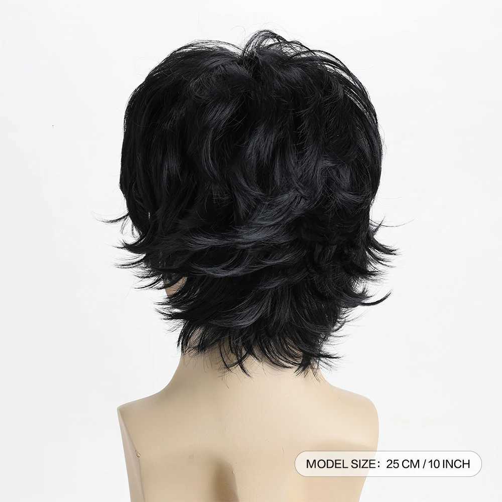 Synthetic Hair Short Curly Brown Wig for men Layered Heat Resistant Wigs With Bangs For Daily UseT251111