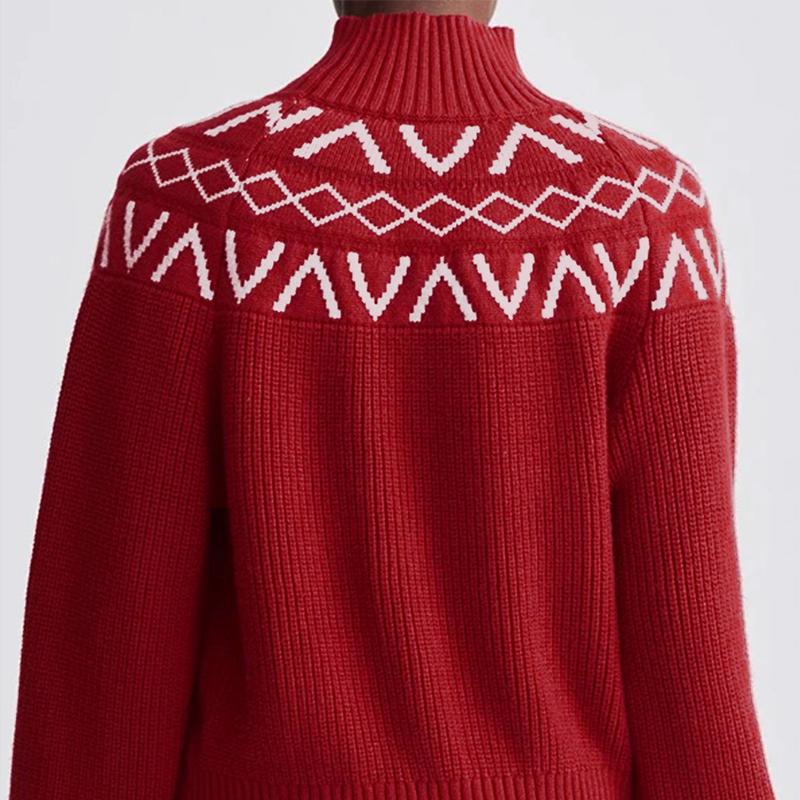 Women's multi-color blazer, stand-up collar long-sleeved sweater, diamond-patterned jacquard fabric, Fair Isle style, casual streetwear attire---