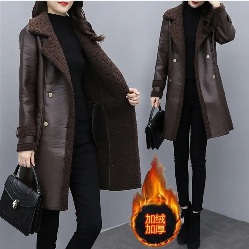 2025 Autumn Winter Jacket Womens Fur One PU Leather Coats Loose Ladies Outwear With Thicker Overcoat Female Tops 251103