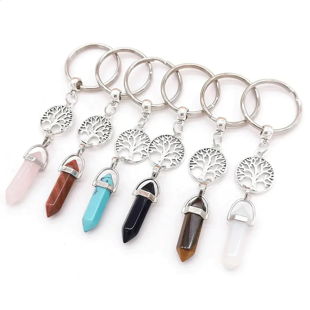 10 pieces of colorful natural stone keychains hexagonal prism life tree keychains womens handbags car keyholders keychains jewelry 250409