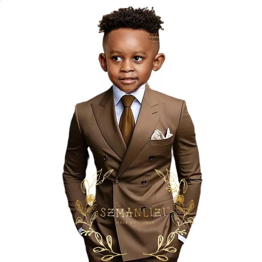 Brown Boys Suit Double Breasted Jacket Pants 2 Piece Set Business Style Formal Wedding Tuxedo Custom Size Blazer Kids 250410