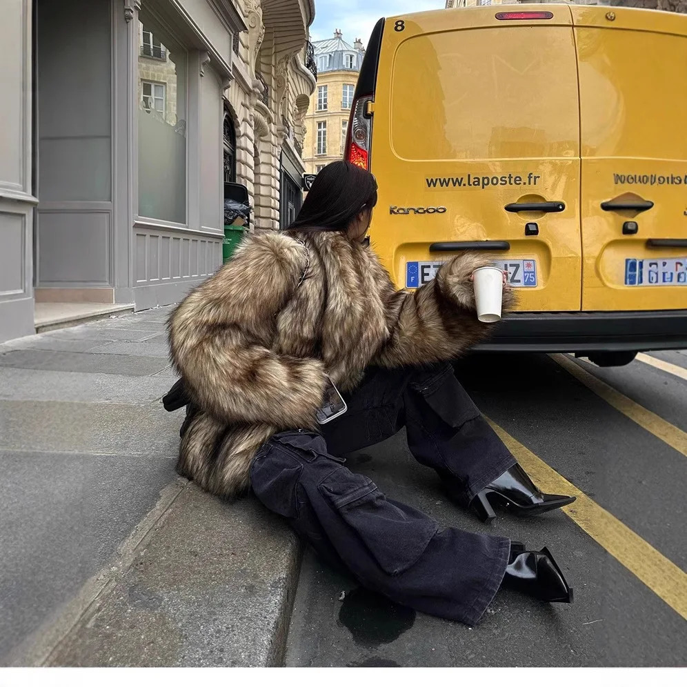 Oversized Autumn Winters Women Eco Fur Coat Fluffy Lapel Collar Female Faux Fur Jacket Artificial Lady Fur Jacket Coat 251105