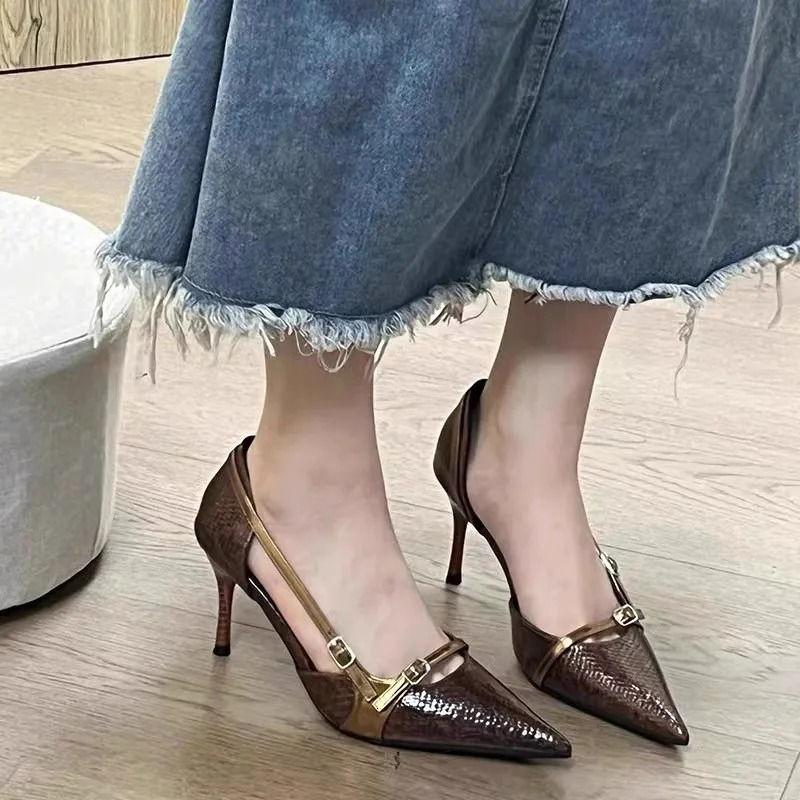 Small and Niche Pointed Thin Heel Snake Skin Pattern High Heels for Women Retro Spicy Girl Belt Buckle Hollow Sandal 251110