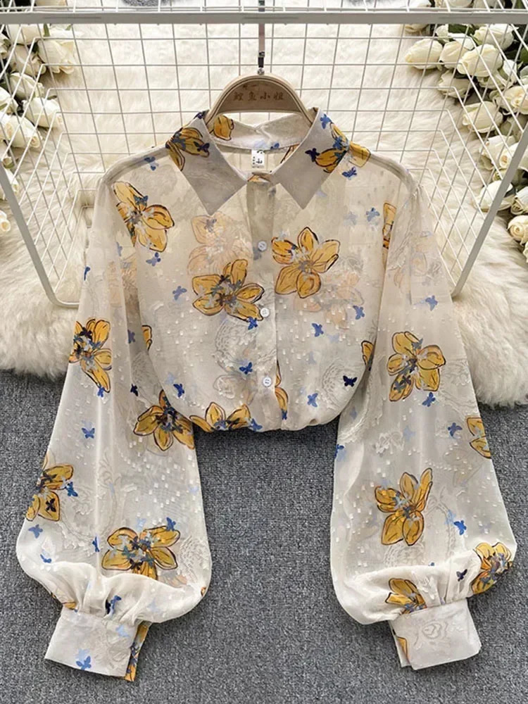Spring Autumn Temperament Fashion Retro Chiffon Floral Blouses Print Loose Lapel Puff Sleeve Top Button Up Shirt Female GD611 250409