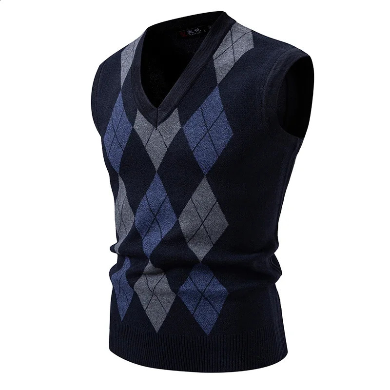 Autumn and winter knitted vest Vneck diamond grid drag sweater mens 250411Z