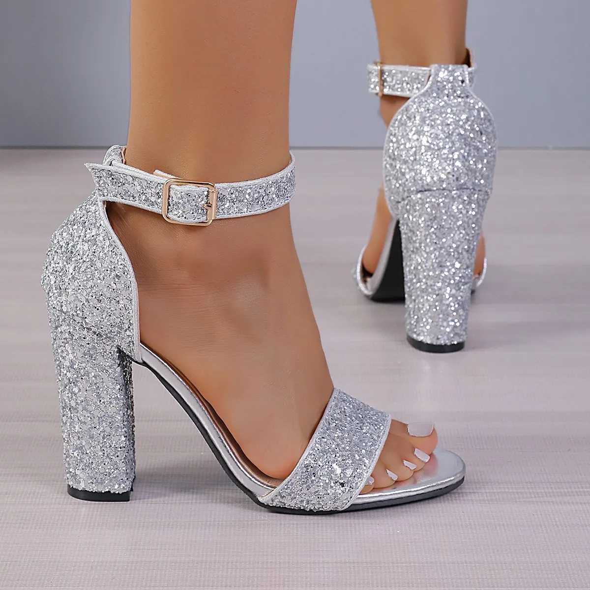 Sparkling thick high-heeled womens sandals summer ankle buckles wedding high heels open toe platform sexy party shoesXJ250410