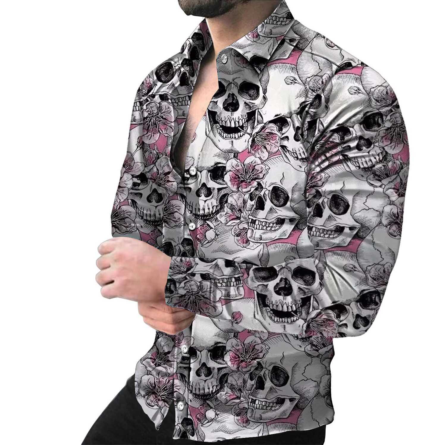Fashion 3D Skull Print Mens Long Sleeve Button Up Shirt Casual Design Lapel Shirts Street Retro Harajuku Mens Clothing Tops K251110