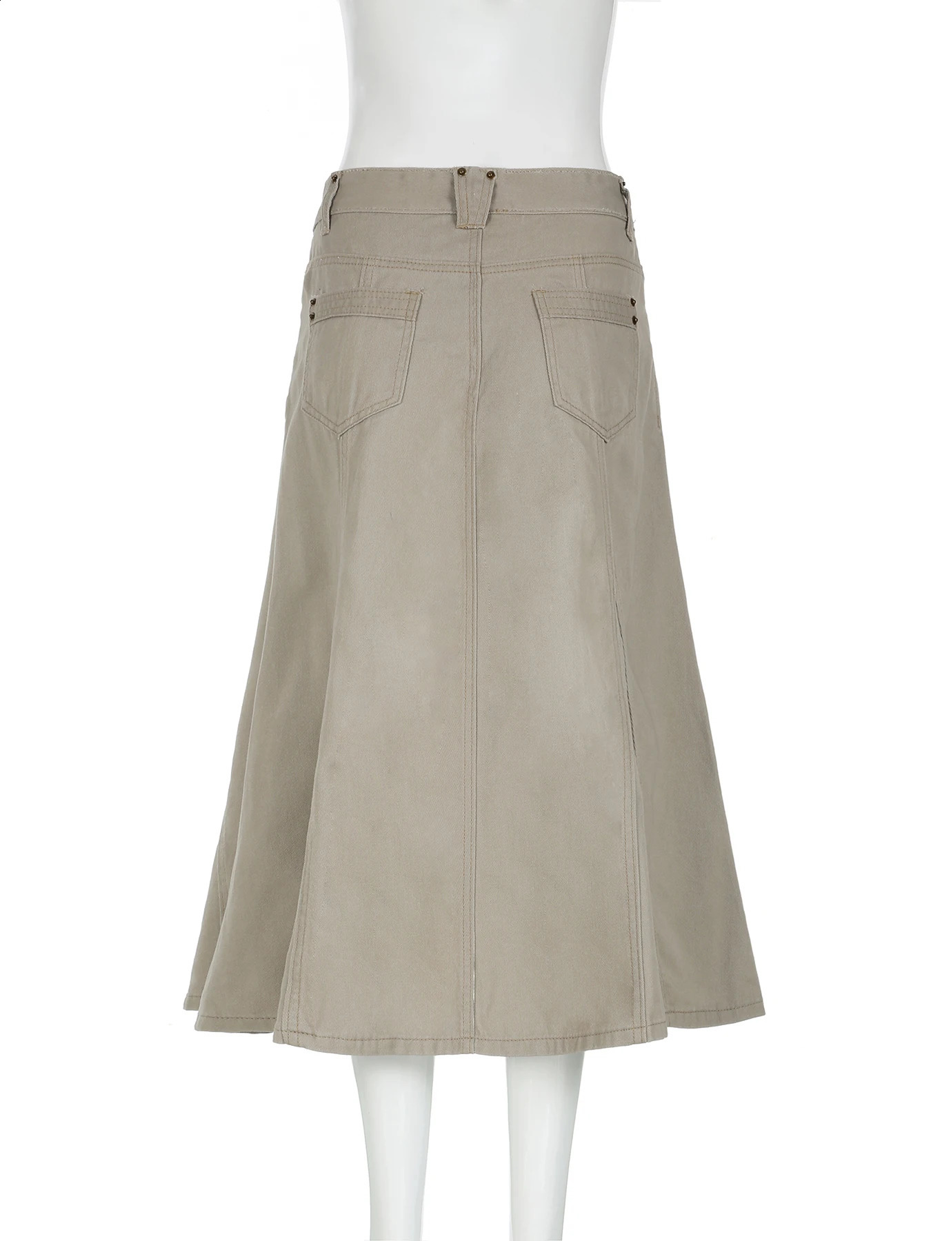 IAMSURE Safari style large pocket A-Line skiing casual slim mid waist long skirt for women summer fashion streetwear for women 250408