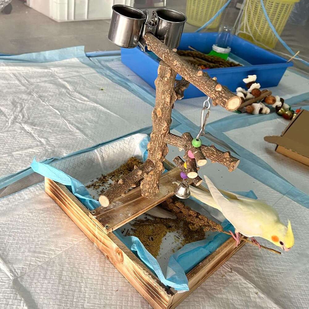 LIMIO Large Beige Bamboo Bird Playground with Removable Tray and 2 Cups