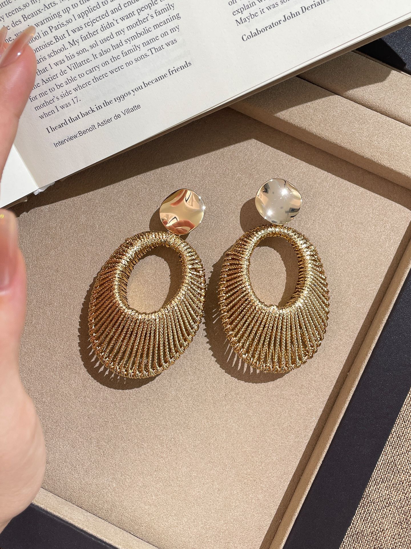 Silver Needle Velvet Woven Hollow Oval Pendant European and American Style Unique Niche Design Earrings for Women - view 7