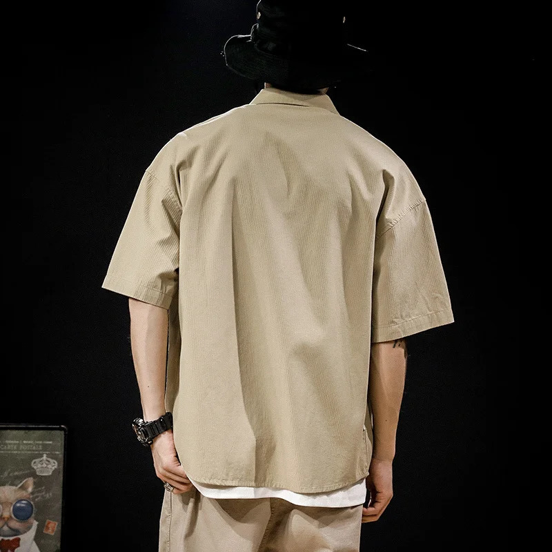 Retro short sleeved social shirt mens loose casual open top commodity summer fashion prefabricated street clothing plain weave 250411e