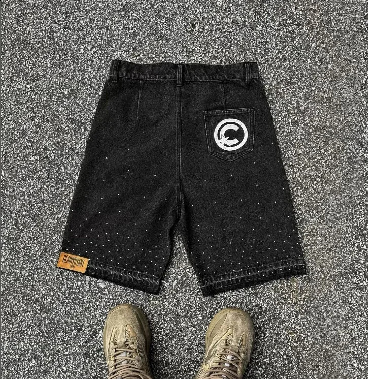 Letter patchwork embroidered jeans five-pointed star summer Harajuku rock hip-hop diamond pants mens personalized shorts 250411