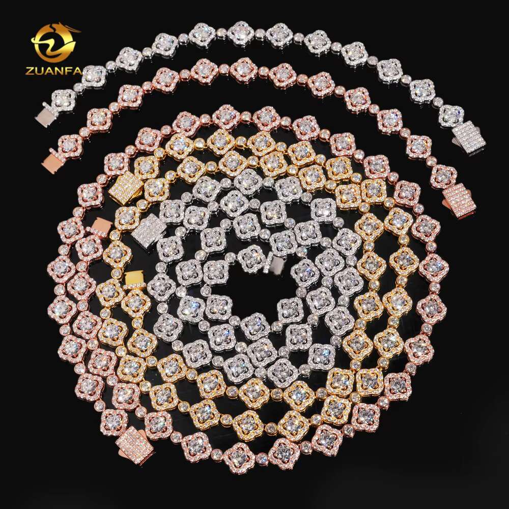 Iced Out Moissanite Jewelry 925 Sterling Silver Fashion Women Moissanite Flower Necklace Hip Hop Necklace Cuban Link Chain