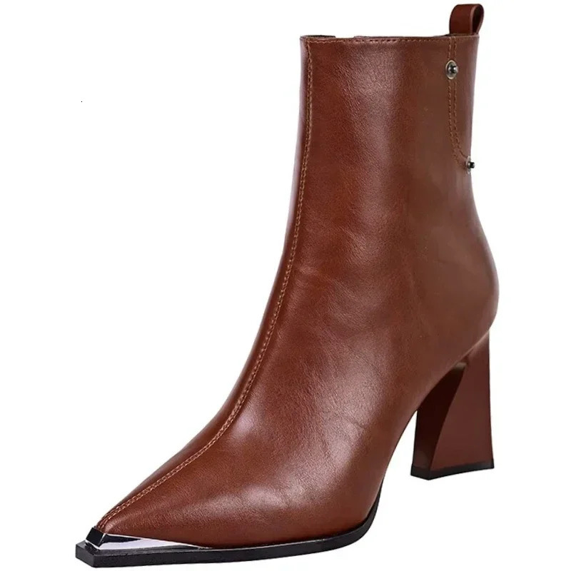 Shoes Brown Mid-Calf Boots Boots-Women Zipper Low Med Pointy Mid Calf Fashion Ladies High Heel Rubber Point 251110