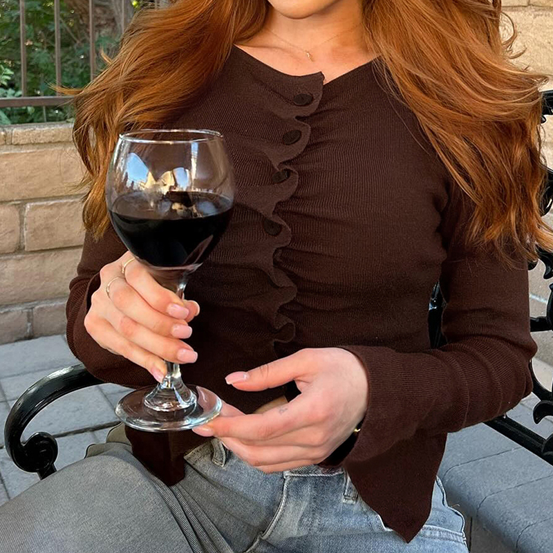 Solid color women's vintage fashionable sweater, with an elegant front opening, front buttons, long sleeves and a round neck---TVL031